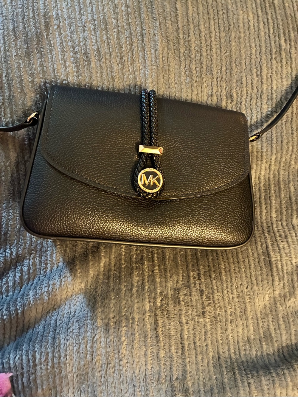Michael Kors Black Pebbled Leather MK Logo Crossbody with Braided Strap